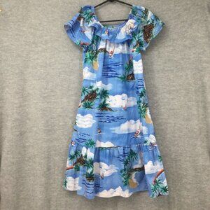 Vintage Hilo Hattie Dress Medium Blue Short Sleeve Ruffle Hawaiian Print